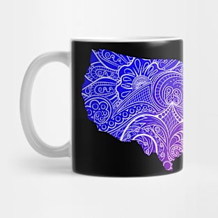 Colorful mandala art map of the United States of America in blue and violet Mug